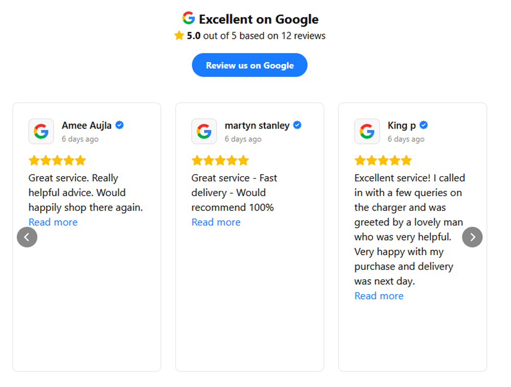 Screenshot of 5-star Google reviews for Evergy from Amee Aujla, Martyn Stanley and King P praising fast delivery and helpful service